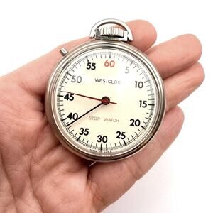 Vintage WESTCLOX Stop Watch Pocket Manual Wind Up White Dial Silver Tone Works!